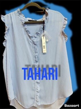 Tahari Light Blue and White Striped Ruffle V-Neck Sleeveless Top- NWT
